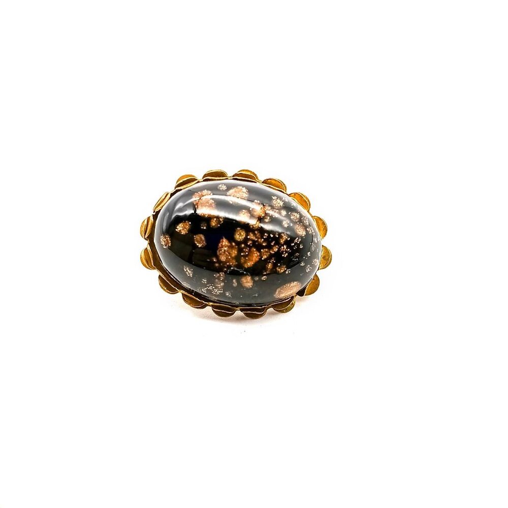 Vintage Copper Fluss Brooch, Gold Tone Oval with Glittering Black Glass Cabochon